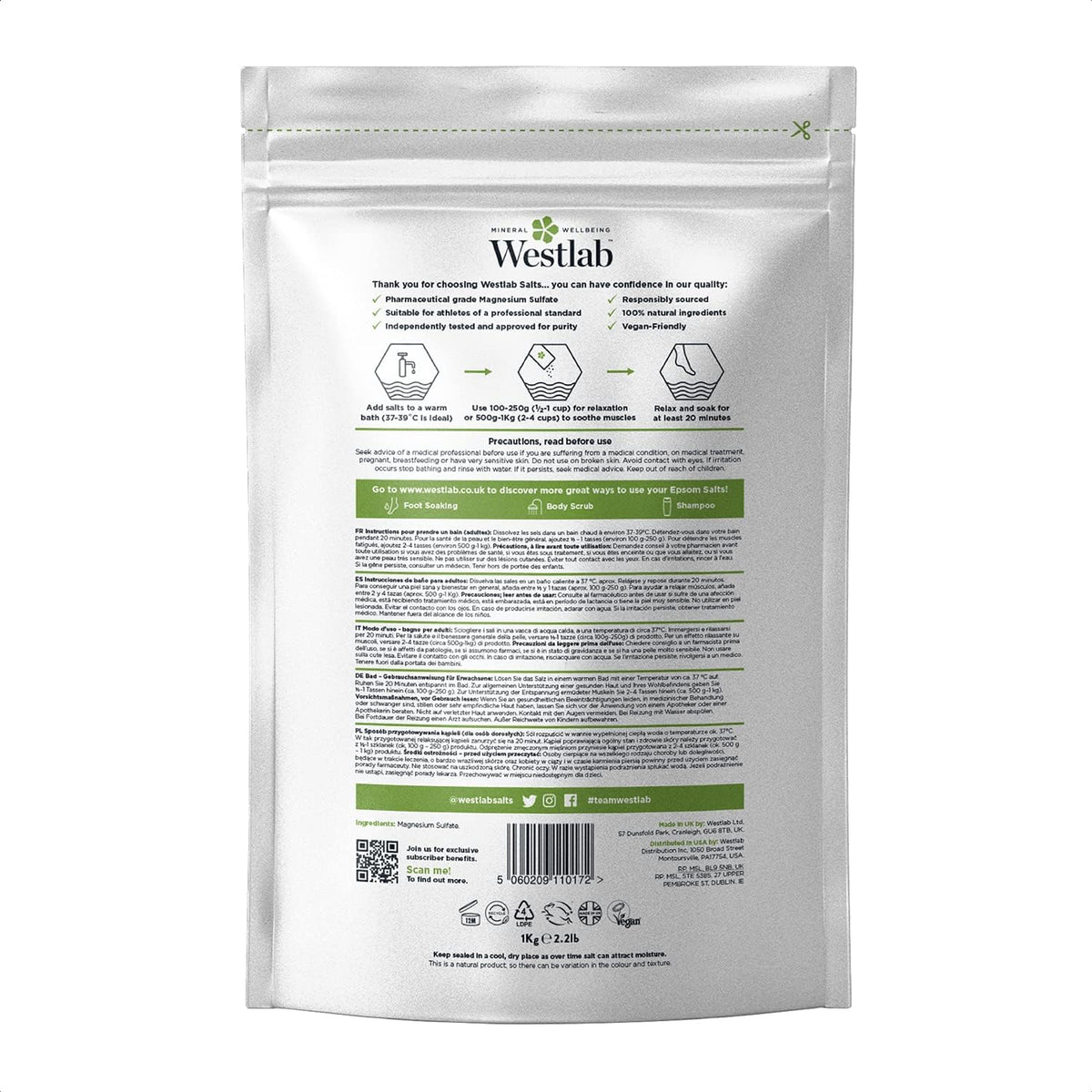 Westlab - Reviving Epsom Salt - 2kg Resealable Pouch - 100% Natural, Pure & Unscented Mineral Salts - Supports Sleep and Relieves Aching Muscles (Packing may vary).