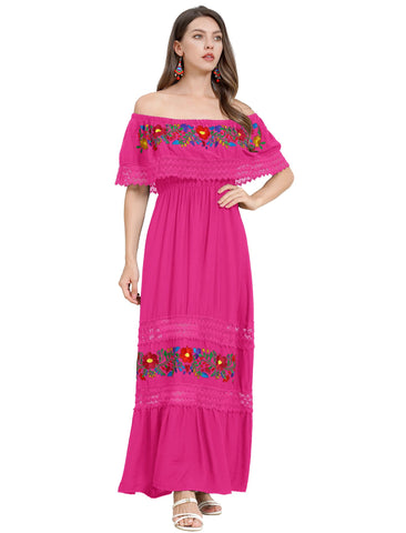 Mexican Dress for Women Floral Embroidered Dress Off Shoulder Long Maxi Dress Traditional Ethnic Cinco De Mayo Fiesta Party Outfit Summer Beach Holiday Vacation Boho Dress Hot Pink L