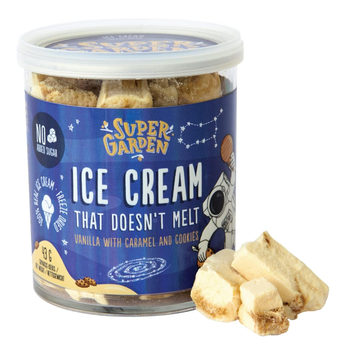 Super Garden Freeze Dried Ice Cream Vanilla with Caramel and Cookies | Crunchy and Flavorful Cookies and Cream Ice Cream | No Melting Freeze Dried Candy | Tasty Ice Cream Candy Ideal for Camping, Hiking, and Backpacking Food | 1.51oz