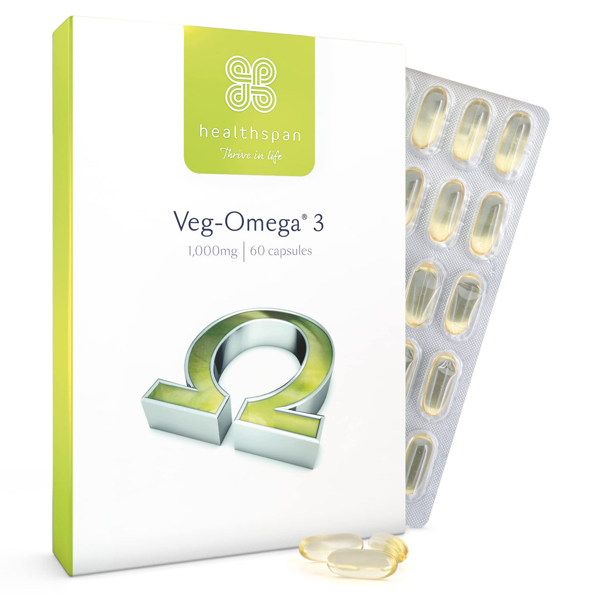 Healthspan Veg-Omega 3 1,000mg | 60 Capsules | Support Brain, Eye and Heart Health | Vegan Algal Source | No Fish | Omega 3 Fatty Acids DHA & EPA | Non-GMO | Vegan