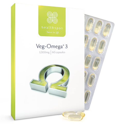 Healthspan Veg-Omega 3 1,000mg | 60 Capsules | Support Brain, Eye and Heart Health | Vegan Algal Source | No Fish | Omega 3 Fatty Acids DHA & EPA | Non-GMO | Vegan