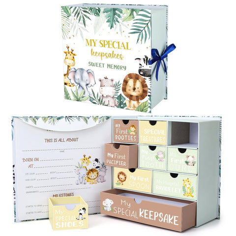 Beeveer Baby Keepsake Box Newborn Memory Organizer with 9 Labeled Compartments Baby's First Keepsake Book Keepsake Gift Box for Pregnancy Gender Neutral Baby Shower New Baby Maternity (Jungle Animal)