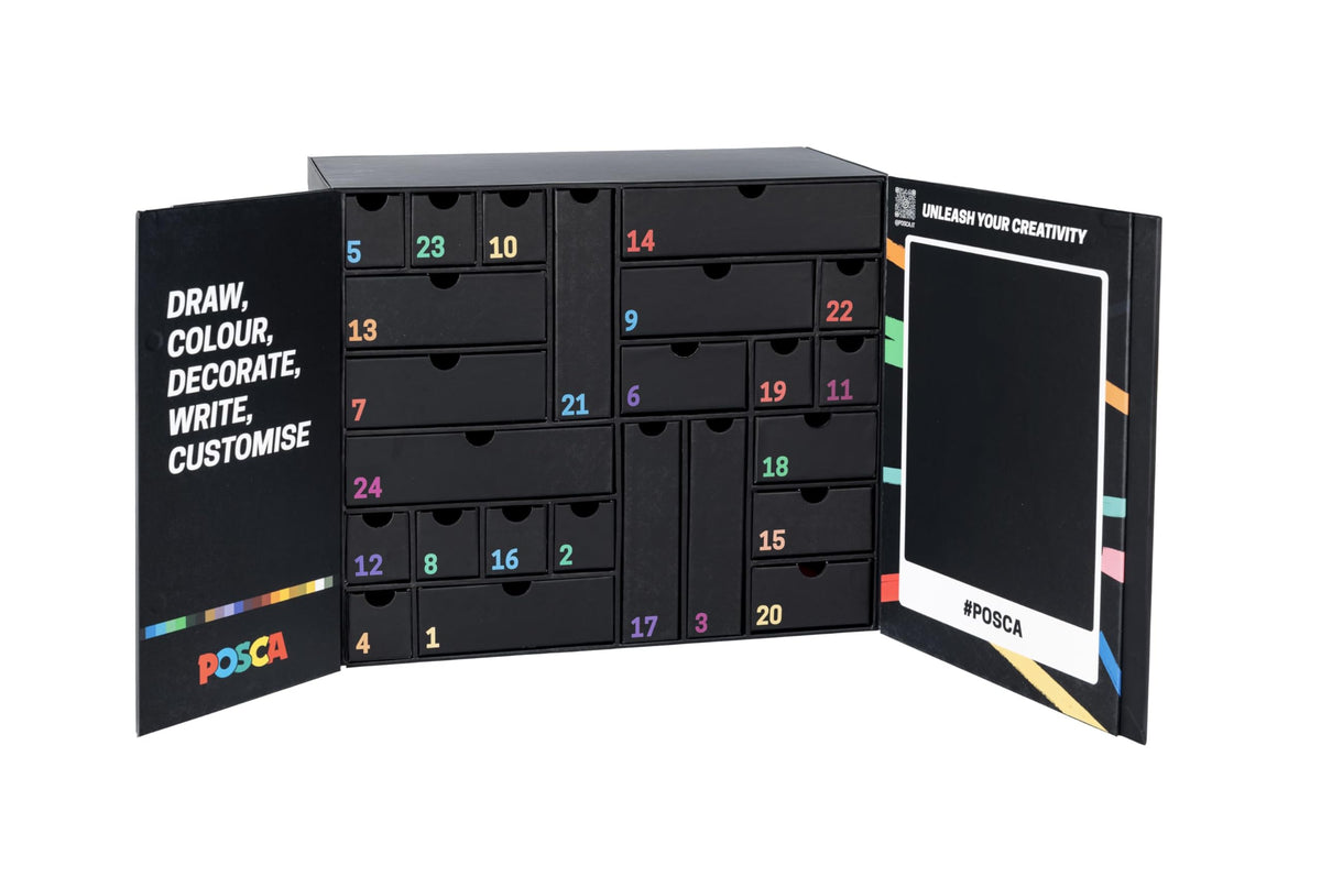 POSCA - Advent Calendar with 24 POSCA Products for School Stationery, Creative Crafts - Gift Ideas with Stuff for School, Fine and Coarse Marker, Wax Crayons, Pencils and More