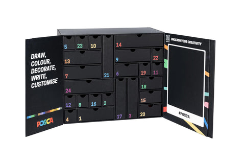 POSCA - Advent Calendar with 24 POSCA Products for School Stationery, Creative Crafts - Gift Ideas with Stuff for School, Fine and Coarse Marker, Wax Crayons, Pencils and More