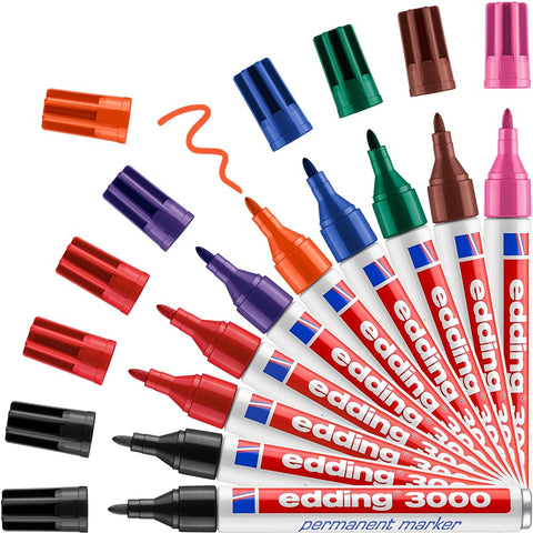 edding 3000 permanent marker - multi-coloured - display box of 10 markers - round tip 1.5-3 mm - quick-drying permanent markers - waterproof,smudge-proof - for cardboard, plastic, wood, metal, fabric