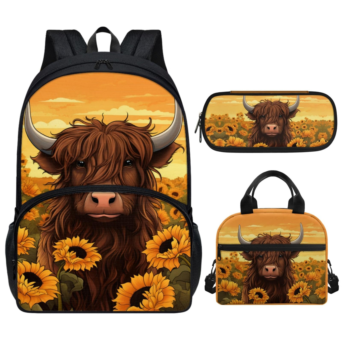 Xhuibop Animal Backpack for School Highland Cattle Backpack with Lunchbox for Girls Sunflower School Bag with Lunch Bag Pencil Case 17 Inch Bookbag and Lunch Box Set Book Bag for 3rd Grade Boys