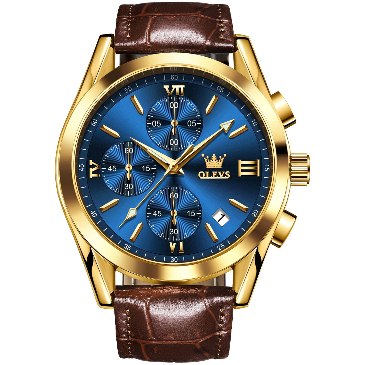 OLEVS Chronograph Men Watch Brown Leather Gold Case Analog Quartz Fashion Business Dress Large Face Watches for Men Day Date Luminous Waterproof Casual Male Wrist Watch Blue Dial Reloj De Hombre