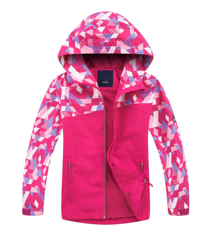 LOKTARC Little Boys Girls Rain Jackets Geometric Color Block Kids Lightweight Waterproof Hooded Raincoats Windbreaker Red 6-7 Years/Size M