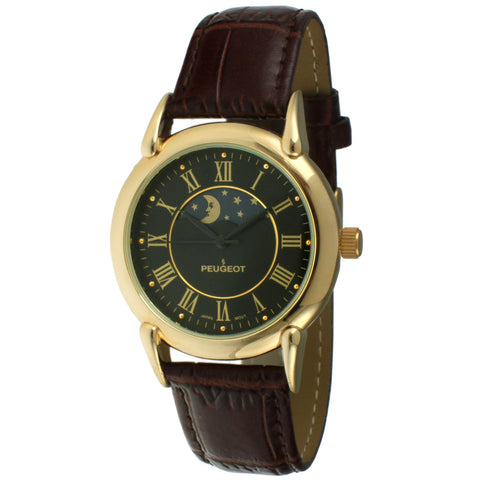 Peugeot Men's 14k Gold Plated Dress Watch - Vintage with Lunar Window and Crocodile-Embossed Leather Strap