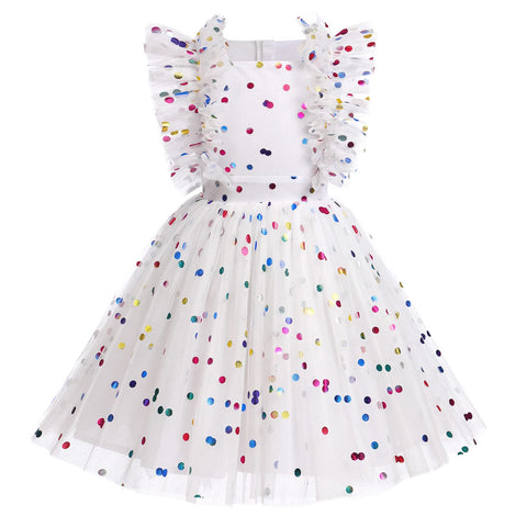 IMEKIS 7th 8th Birthday Girl Outfit: Seventh Eighth Dress for Girls Cake Smash Toddler Boho Rainbow Princess Dresses Party Pageant Gown Kids Mini Tutu Skirt Photoshoot White Confetti 7-8 Years