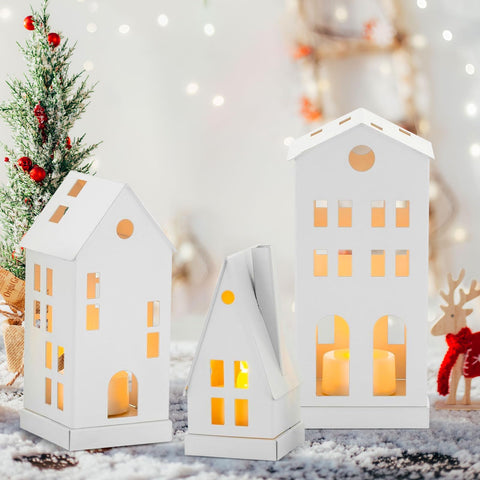 Mini Light House, Metal Candle Holder for Christmas Decoration, LED House, Christmas, White, Lantern, Tea Light House, Decoration for Room, Living Room, Fireplace, Window Decoration, Gifts, Set of 3