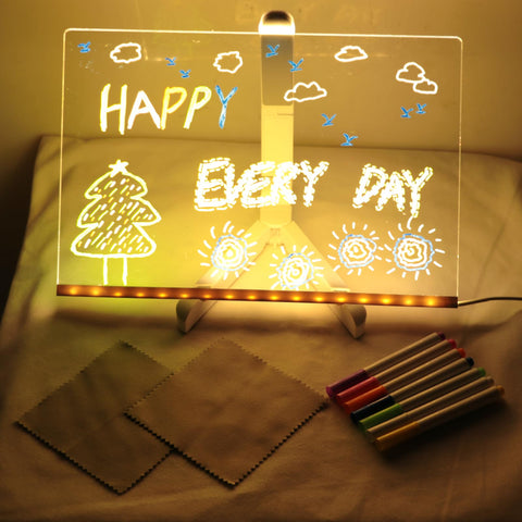 Acrylic Dry Erase Board with LED Light 12 X 8 x1/8" Repeatly Wiped Written Stand Clear Glass Board with 7 Colour Pens Leave Message Note for Office Home Desk (12x8x1/8")