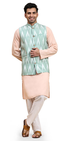 SKAVIJ Mens Cotton Regular Kurta Pajama with Casual Ethnic Nehru Jacket Set Olive Green_L