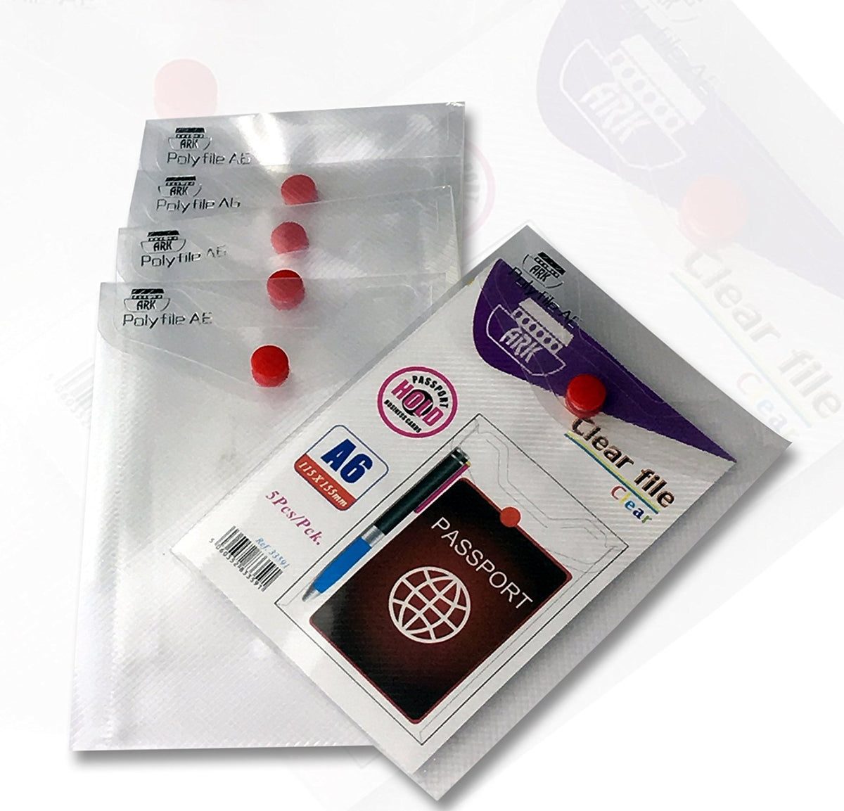 ARK Carry File A6 Popper Wallet File with Press Stud - Clear, Pack of 5-33591.1