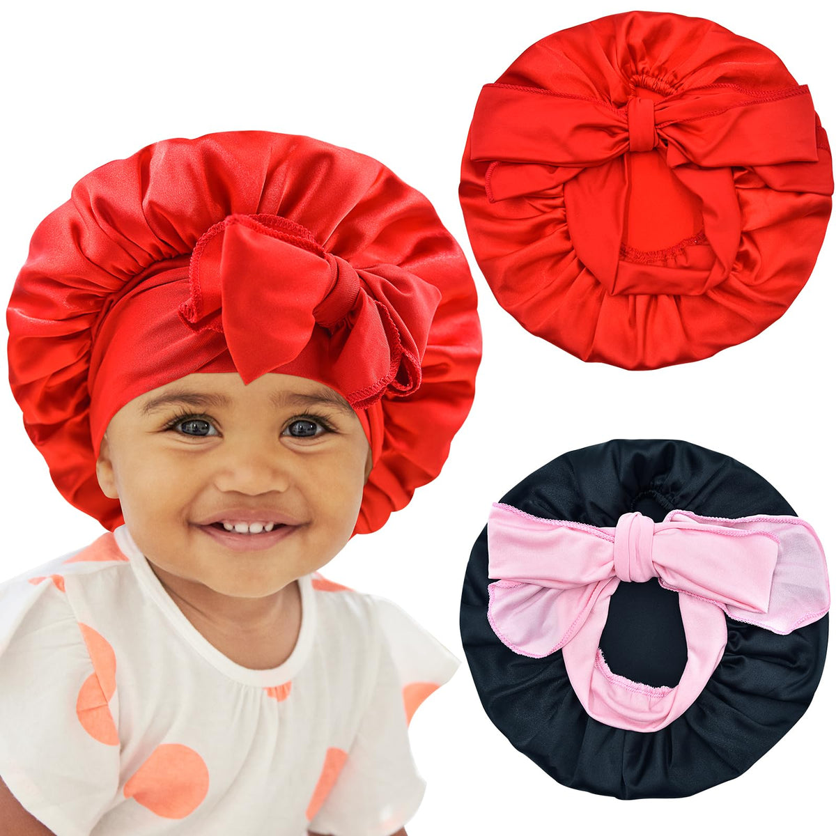 BONNET QUEEN Baby Bonnet Kids Bonnet Infant Satin Silk Hair Bonnets for Girls Toddler Newborn Infants with Tie Band Bow 6-12 Months 2Pcs Black+Red