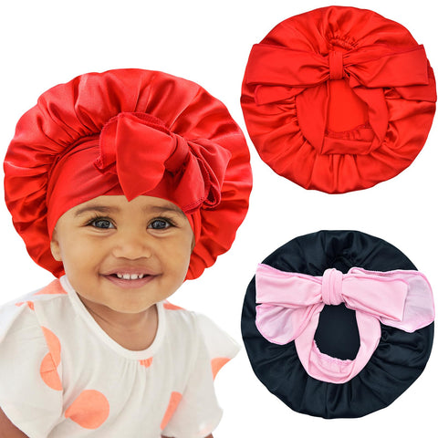 BONNET QUEEN Baby Bonnet Kids Bonnet Infant Satin Silk Hair Bonnets for Girls Toddler Newborn Infants with Tie Band Bow 6-12 Months 2Pcs Black+Red