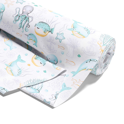 Fabric by The Meter Cotton 5M x 160 cm - Fabrics for Sewing Decoration and DIY Projects Ideal for Clothing Home Textiles and craftwork Aquatic Animals White