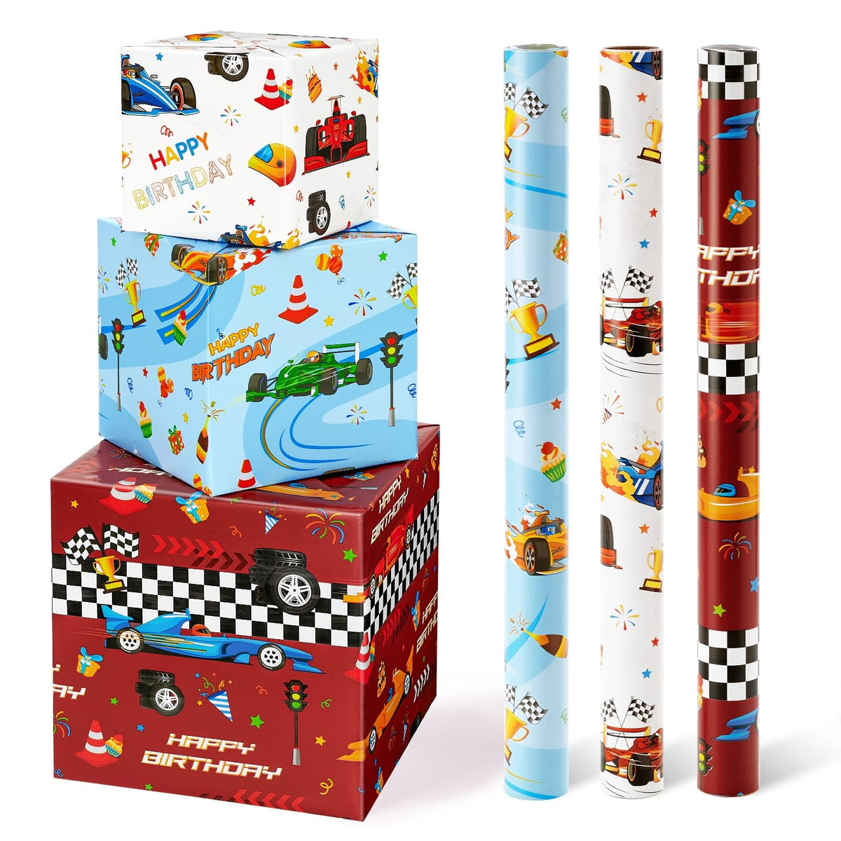WERNNSAI Race Car Wrapping Paper Rolls - 3 Short Rolls Birthday Wrapping Paper Rolls Racing Birthday Gift Wrap Paper Kids Wrapping Paper Rolls Red Blue White Wrapping Paper with Cut Lines 17 in x 10 ft