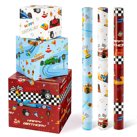 WERNNSAI Race Car Wrapping Paper Rolls - 3 Short Rolls Birthday Wrapping Paper Rolls Racing Birthday Gift Wrap Paper Kids Wrapping Paper Rolls Red Blue White Wrapping Paper with Cut Lines 17 in x 10 ft