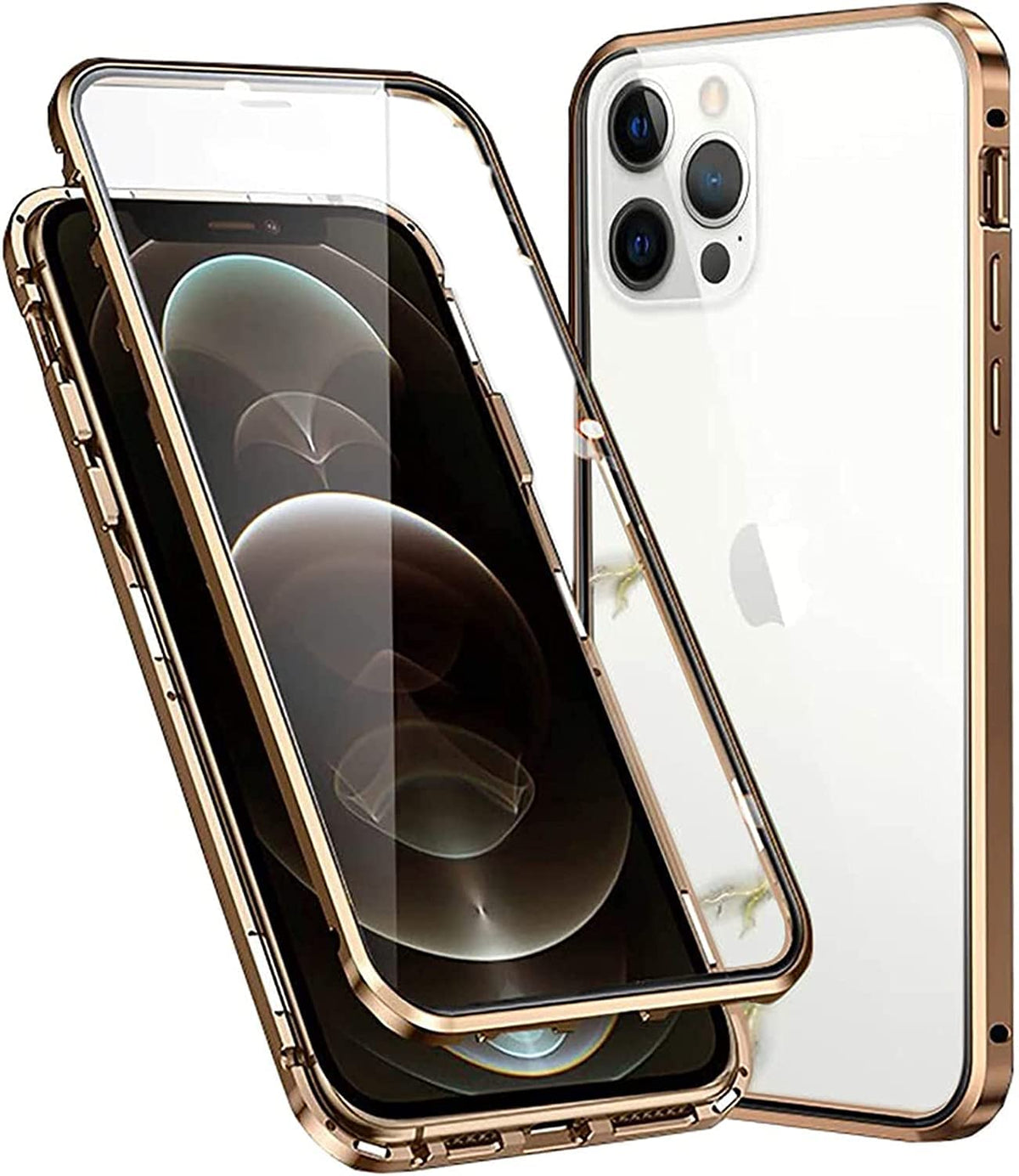 Case Compatible for iPhone 16 Pro,Magnetic Adsorption Metal Bumper Frame with Transparent Tempered Glass Screen Front and Back, 360 Degrees Protection Case, Camera Lens Protectors Cover,Gold