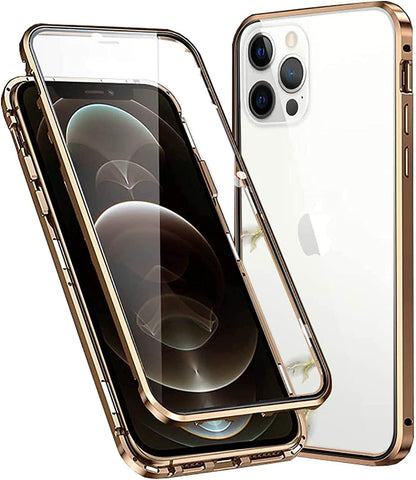 Case Compatible for iPhone 16 Pro,Magnetic Adsorption Metal Bumper Frame with Transparent Tempered Glass Screen Front and Back, 360 Degrees Protection Case, Camera Lens Protectors Cover,Gold
