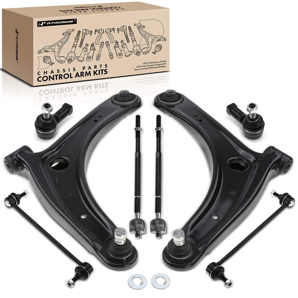 A-Premium Set of 8, Front Lower Control Arm, Sway Bar Link, Inner Outer Tie Rod End, Compatible with Mitsubishi Outlander 2007-2013, Lancer 2009-2017