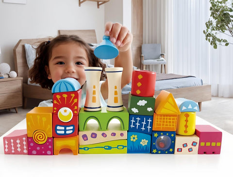 Fantasia Block Castle by Hape | Award Winning Wooden Castle Building Block Stacking Toy, Unique Shaped Building Block Set, Rainbow Stacking Toy with Patterns