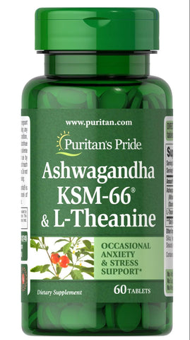 Puritan's Pride Ashwangandha KSM66 & L-Theanine, Helps Relieve occassional Stress and Anxiety, 60 Count, White