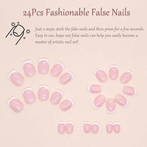 24 Pcs French False Nails - Press on Nails - Full Cover False Nails Nude White Square Stick on Nails - French Fake Nails Stick on Nails for Women and Girls Nail Art