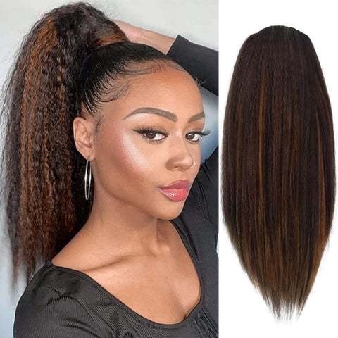 Allyreetress Highlight Yaki Drawstring Ponytail Extension for Black Women Kinky Staight Up Down Pony Tail Synthetic Hair Extensions 20 Inches 2 Clip in (4/30#)