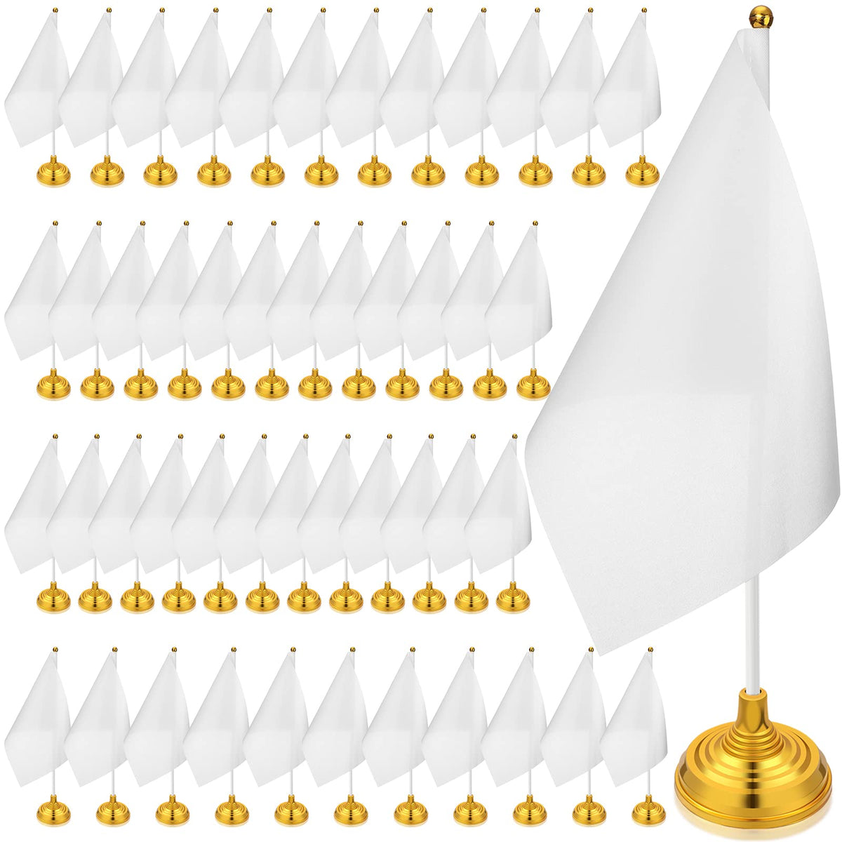 Tatuo 48 Pcs Mini White Desktop Flags on Stick with Stands 5.51 x 8.27 Office White Solid Table Flag for DIY Craft Small Blank Desktop Flag with Pole for 4th of July Event Celebration