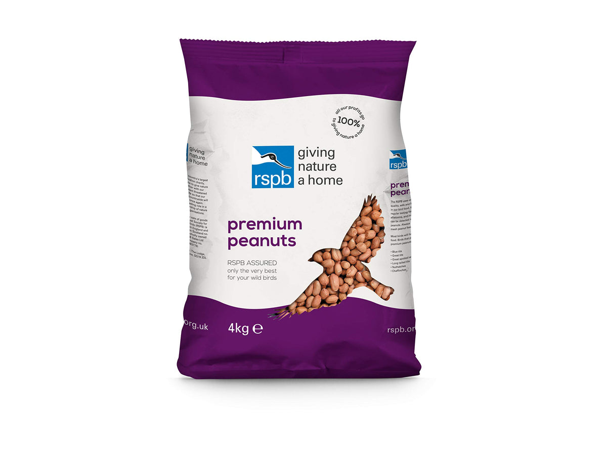 RSPB R405615 Premium Peanuts 4Kg Wild bird Food, supporting Charity, Re-sealable & recyclable pouches, for use in Garden & outdoors. Perfect for Feeders, ground feeders & bird tables, Brown