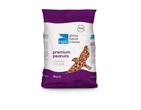 RSPB R405615 Premium Peanuts 4Kg Wild bird Food, supporting Charity, Re-sealable & recyclable pouches, for use in Garden & outdoors. Perfect for Feeders, ground feeders & bird tables, Brown