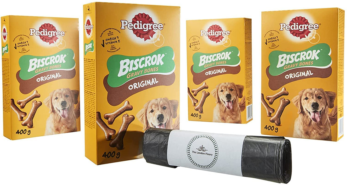 Pedigree Biscrok Adult Dog Treats Gravy Bone Biscuits 1600g in 4 Pack with Unscented Dog Poop Bags
