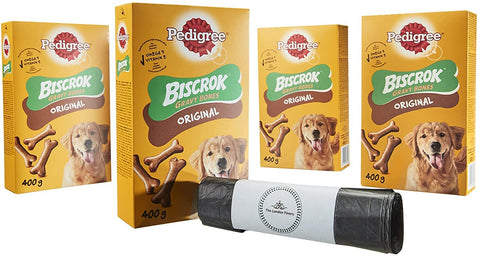 Pedigree Biscrok Adult Dog Treats Gravy Bone Biscuits 1600g in 4 Pack with Unscented Dog Poop Bags