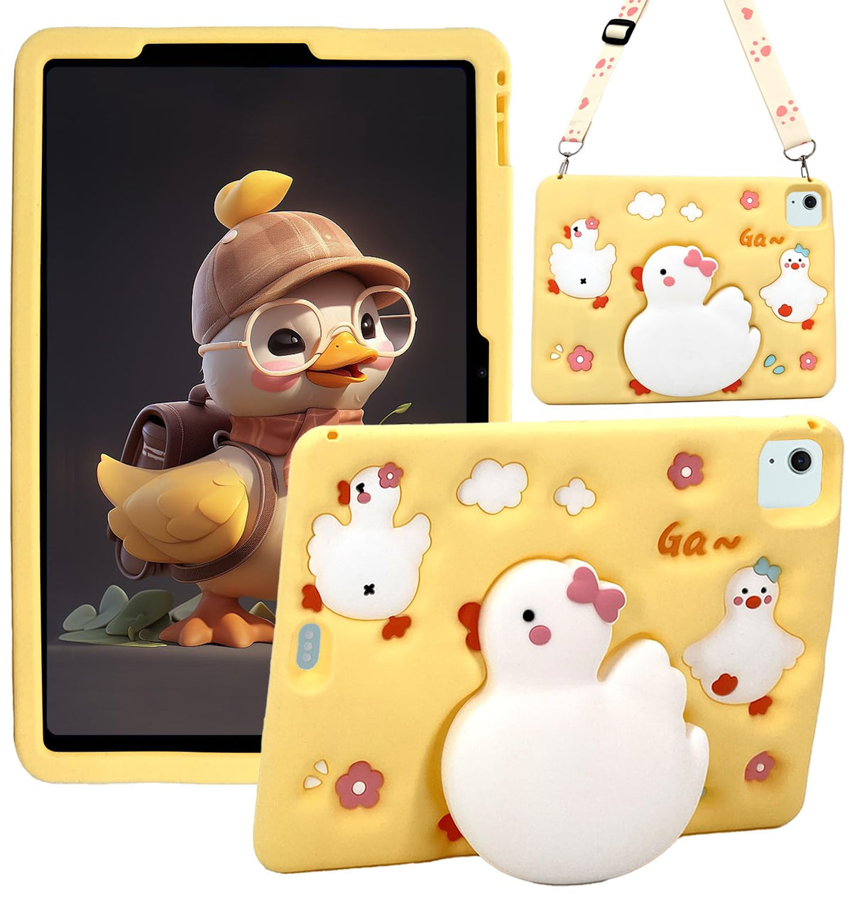 Kids Case Compatible with iPad Pro 11 inch 2024 M4 5th Generation, Cute Shockproof Cartoon Silicone Yellow Duck Case with Shoulder Strap, Kickstand