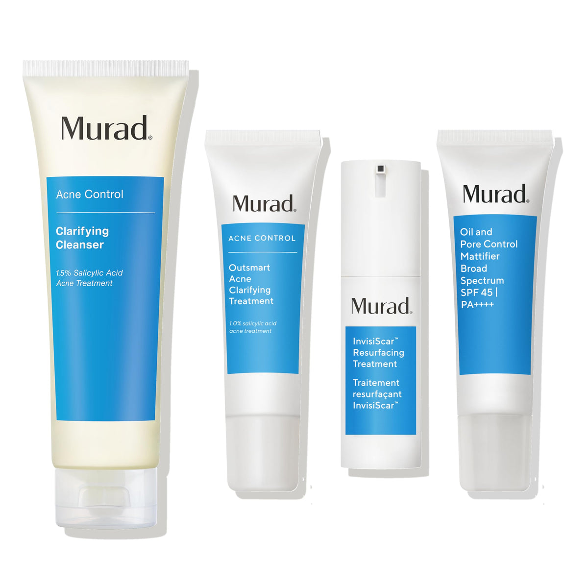 Murad 60-Day Acne Kit - 4-Piece Set $178 Value - Clarifying Cleanser 4.5 OZ, InvisiScar Treatment 1.0 OZ, Outsmart Clarifying Treatment 1.7 OZ, & Oil & Pore Control SPF 45 1.7 OZ