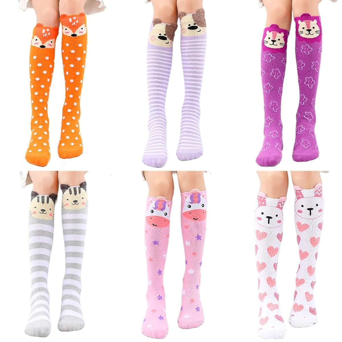 XEPST 6 Pairs Girls Knee High Socks - Colorful Cartoon Design Warm Cotton Knee Socks Mid-Calf Boot Socks Funny Socks for School Odd Socks Day 3-12 Years Girls, One Size - Animal A