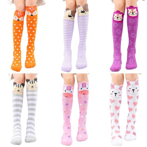 XEPST 6 Pairs Girls Knee High Socks - Colorful Cartoon Design Warm Cotton Knee Socks Mid-Calf Boot Socks Funny Socks for School Odd Socks Day 3-12 Years Girls, One Size - Animal A