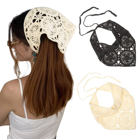 AWAYTR Crochet Bandana Head Kerchief/Hair Scarf 2Pcs Knitted Tie Bcak Headwrap Floral for Women Girls(Black+White)