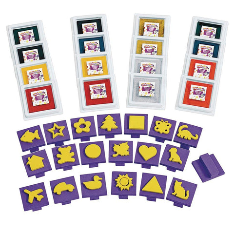 ColorationsÃƒâ€šÃ‚Â® Super Stamper Classroom Pack - Kids Crafts, Easy Craft Projects, Easy Art Projects, 16 Washable Ink Pads, 20 Unique, Handled Stampers, Foam Stampers, Shapes, Objects, Animal Stamps