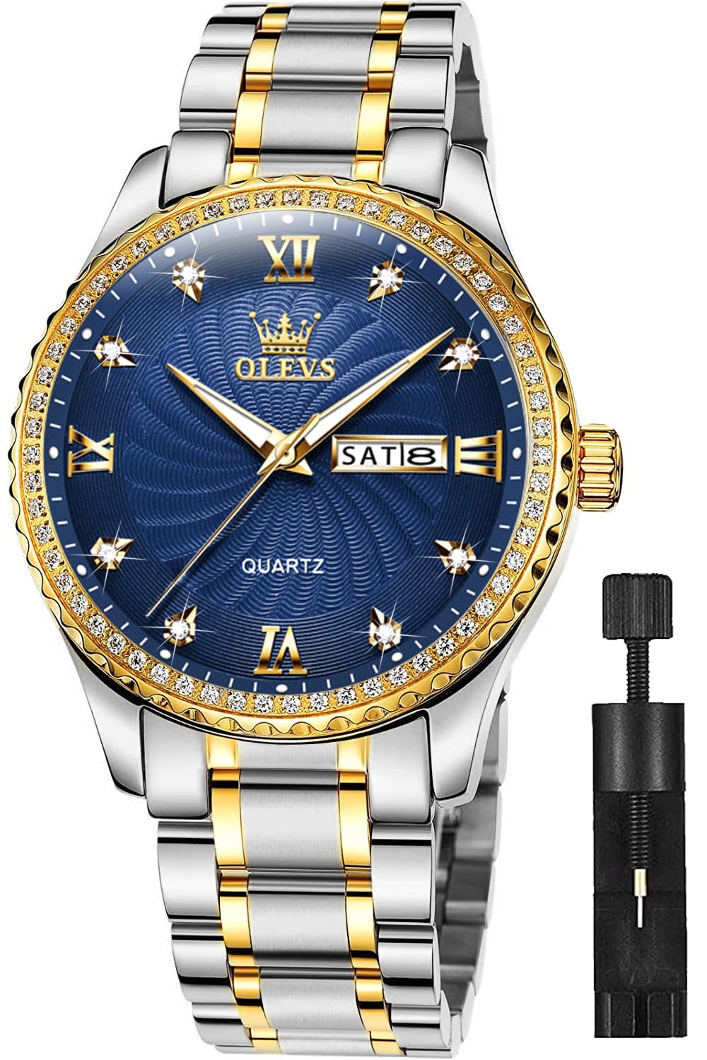 OLEVS Mens Watches Diamond Luxury Business Dress Blue Wrist Watch Stainless Steel Day Date Waterproof Luminous