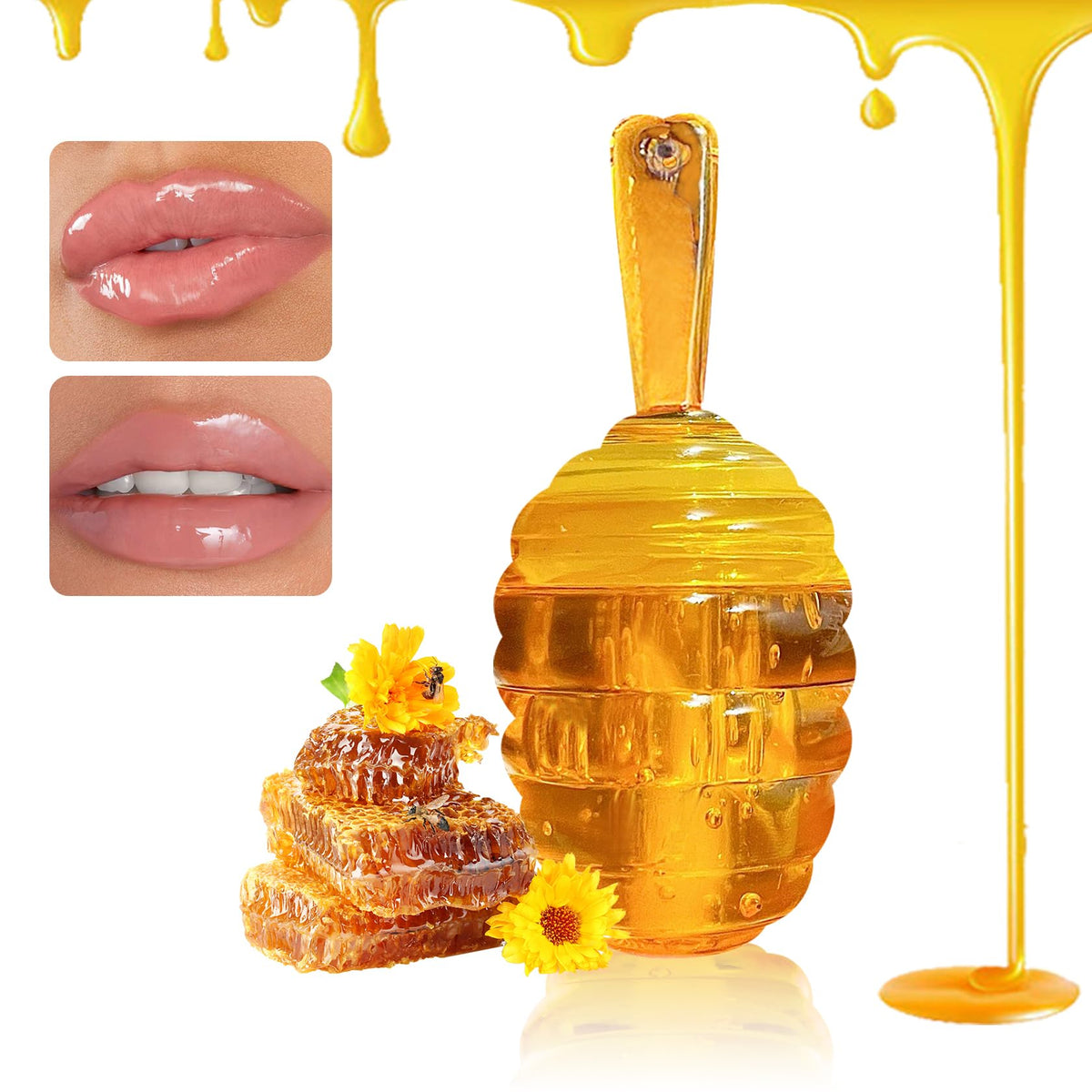 ZHISHUDL Honey Lip Oil Lip Gloss Plumping Lip Gloss Oil Long Lasting Nourishing Lip Glow Oil Non-Sticky Lip Care Products Gift for Women - 02 Honey Flavor