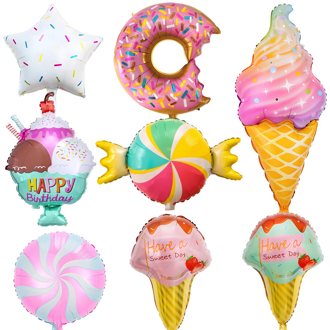 Ice Cream Candy Balloons, 8 Pieces Foil Ice Cream Candy Balloons, Doughnut Balloons, Ice Cream Party Decorations for Summer Birthday Party Christening Party