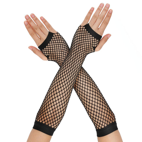 Telooco Fishnet Long Gloves Fingerless Mesh Gloves Fish Net Arm Sleeves 80s Party Cosplay Costume Accessories for Women Girls(Black)