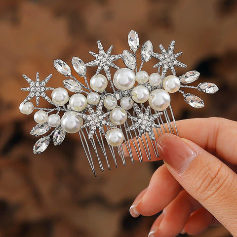 Zoestar Pearls Bridal Wedding Hair Comb Silver Rhinestone Bridal Headpiece Stars Hair Accessories for Women and Girls