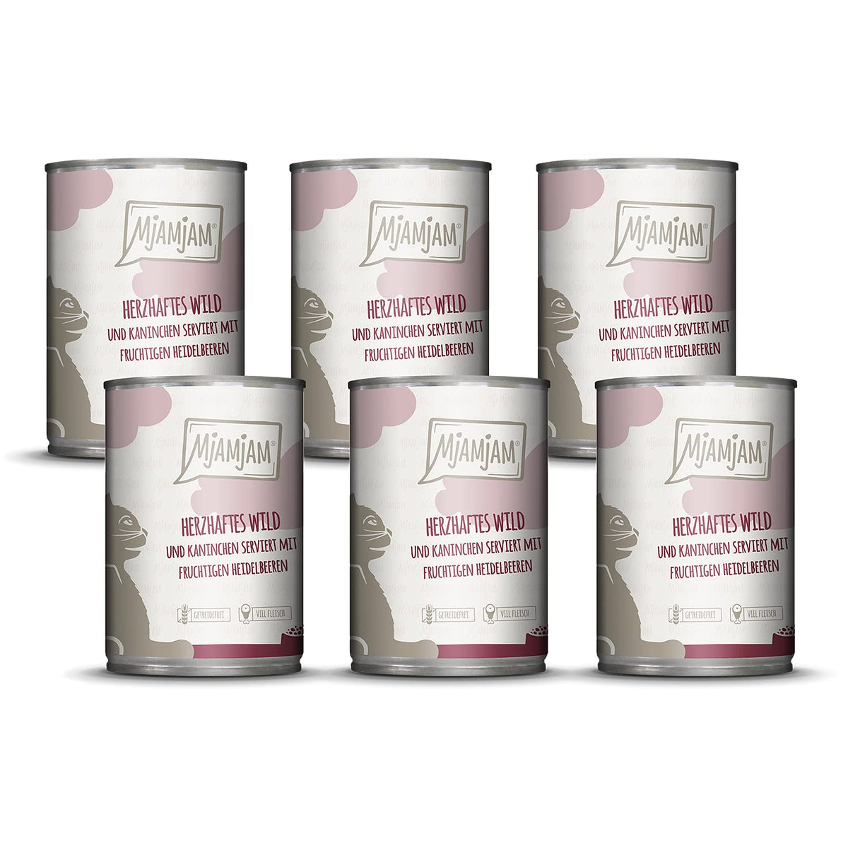 MjAMjAM - premium wet food for cats - hearty game & rabbit with fruity blueberries, pack of 6 (6 x 400 g), grain-free with extra meat
