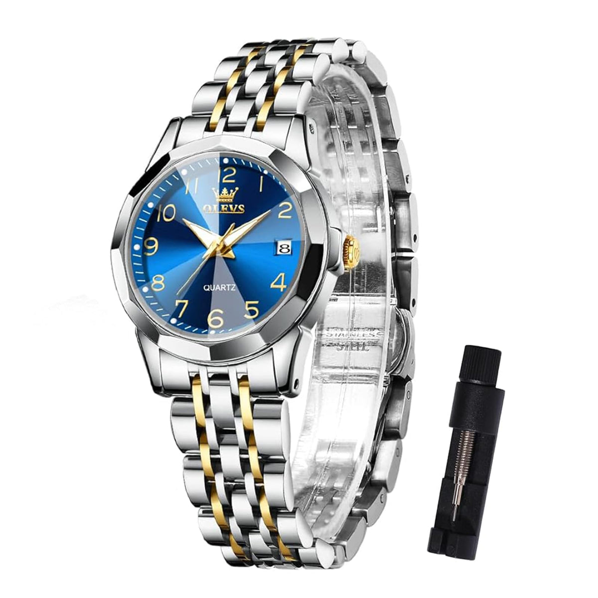 OLEVS Women's Watch Small Wrist Blue Face Luxury Watch for Women Arabic Numerals Analogue Quartz Women Stainless Steel Watch with Date Two Tone Band Cuff Waterproof Luminous Watch for Women