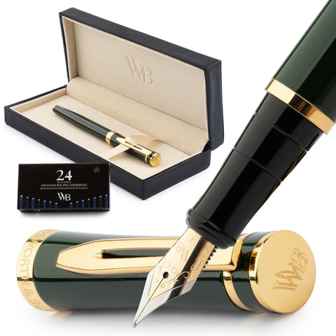 Wordsworth & Black Fountain Pen Set, 18K Gilded Fine Nib, Includes 24 Pack Ink Cartridges, Ink Refill Converter & Gift Box, Gold Finish, Calligraphy, [Racing Green], Perfect for Men & Women
