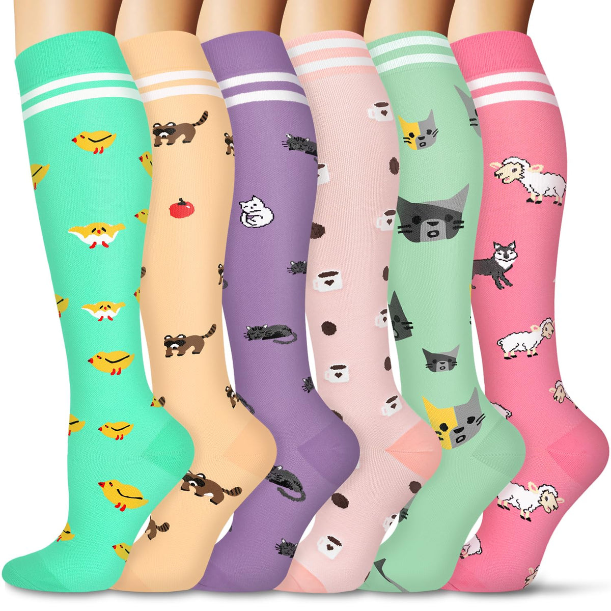 FULLSOFT 6 Pairs Compression Socks for Women and Men, 15-20 mmHg Support Knee High Socks for Nurses,Athletic,Flying(6 Pairs Animal,Small-Medium)
